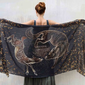 Numinous ~ Wolf Deer Scarf, Accessories For Mom, Rave Pashmina, Fantasy Scarf, Mothers Day Gift, Festival Clothing, Witch Wrap Shawl,Shovava
