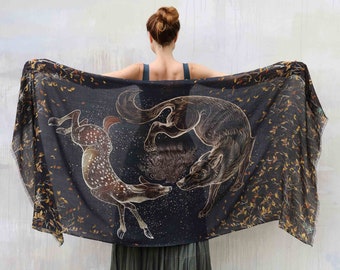 Numinous ~ Wolf Deer Scarf, Accessories For Mom, Rave Pashmina, Fantasy Scarf, Mothers Day Gift, Festival Clothing, Witch Wrap Shawl,Shovava