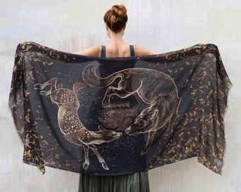 Numinous ~ Wolf Deer Scarf, Rave Pashmina, Fantasy Scarf, Festival Clothing Women, Spirit Animal Shawl, Witch Shawl And Wraps by Shovava