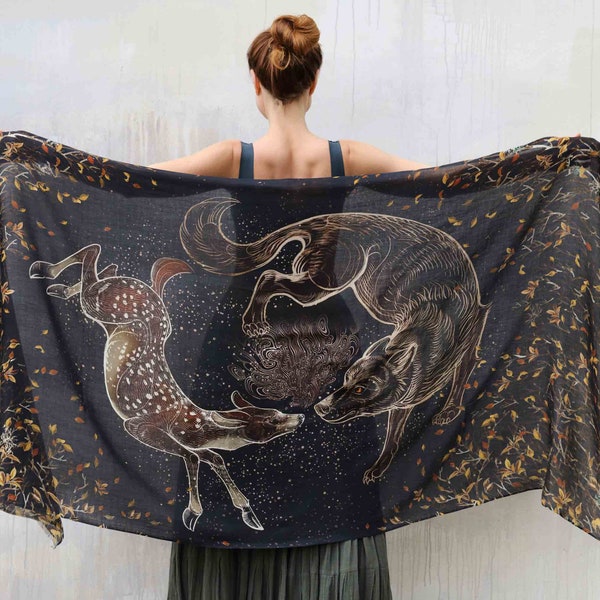 Numinous ~ Wolf Deer Scarf, Rave Pashmina, Fantasy Scarf, Festival Clothing Women, Spirit Animal Shawl, Witch Shawl And Wraps by Shovava