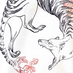 May include: A black and white line drawing of a wolf howling with its tail curled around its body. The wolf is surrounded by red and white floral designs.