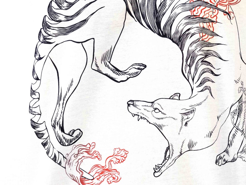 May include: A black and white line drawing of a wolf howling with its tail curled around its body. The wolf is surrounded by red and white floral designs.