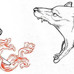 May include: A black and white line drawing of a wolf's head with its mouth open, showing its teeth. The wolf is facing right. A red, stylised flame is on the left side of the image.