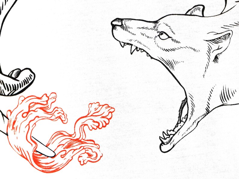 May include: A black and white line drawing of a wolf's head with its mouth open, showing its teeth. The wolf is facing right. A red, stylised flame is on the left side of the image.