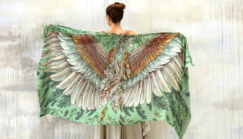 Wing Scarf Costume, Wings Shawl, Aztec Shawl, Large Green Shawl, Silk Sarong Wrap, Phulkari Shawl, Boho Shawl, Tribal Shawl, Shovava 