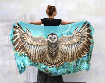 New Moon ~ Owl Scarf, Wings Wrap Shawl, Beach Pareo, Festival Clothing, Teacher Gift, Silk Cover Up Shawl, Rave Clothing, Hippie Shawl