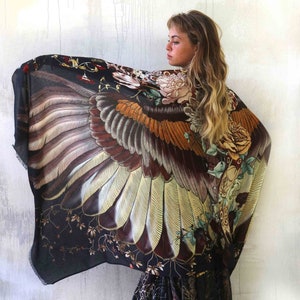 Down to Earth Dark Shawl Wrap Bird Wings, Feather Shawl, Whimsigoth Scarf, Fairycore Shawl, Accessories by Shovava, Unique Shawl, Spring image 5