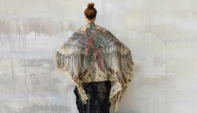 Earthy Feather Shawl, Angel Wings Shawl, Festival Clothing, Bird Wings Scarf, Rave Pashmina, Ren Faire Accessories, Prayer Shawl, Larp image 7