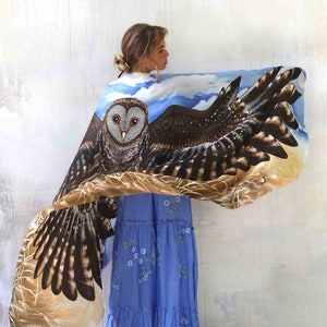 Blue Sky Owl ~ Owl Wings Scarf, Barn Owl Wrap Shawl, Anniversary Gift For Women, Festival Clothing Women, Rave Pashmina, Silk Scarf Wrap