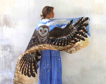 Blue Sky Owl ~ Owl Wings Scarf, Owl Wrap Shawl, Halloween Costume, Festival Clothing, Rave Pashmina, Autumn Silk Scarf, Sacred Wrap Shawl