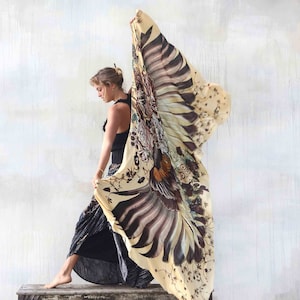 Down to Earth Light ~ Bird Wings Shawl, Burning Man Clothing Women, Feather Pashmina, Festival Clothing, Peacock Cloak, Wings Wrap Shawl