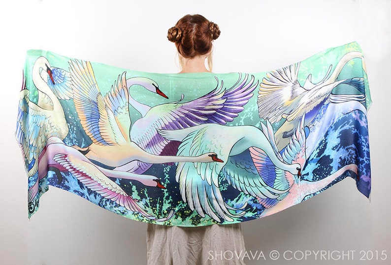 Swan Scarf, Mothers Day Gift, Psychedelic Shawl, Rave Pashmina, Festival Clothing, Accessories For Mom, Teacher Gift, Silk Sarong, Wrap image 4