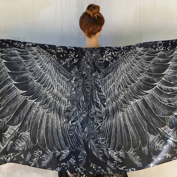 Black Angel Wings Shawl, Skyrim Cosplay, Festival Clothing, Rave Feather Cape, Black Medieval Cloak, Raven Bird Wing Shawl,Crow Gothic Scarf