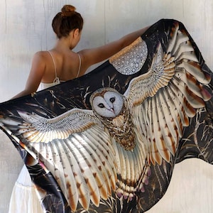 Owl Wings Shawl, Black Owl Scarf, Festival Clothing Women, Mothers Day Gift, Owl Feather Shawl, Bird Pashmina, Barn Owl Wrap Scarf Cape image 3