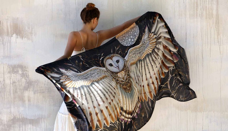 Owl Wings Shawl, Black Owl Scarf, Festival Clothing Women, Mothers Day Gift, Owl Feather Shawl, Bird Pashmina, Barn Owl Wrap Scarf Cape image 3