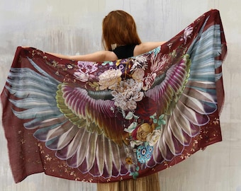 Cashmere Shawl, Crimson, Printed Shawl, Boho Shawl Wrap, Sarong, Burning Man Shawl, Dark Academia, Bird Feathers Shawl, Cottagecore Shawl