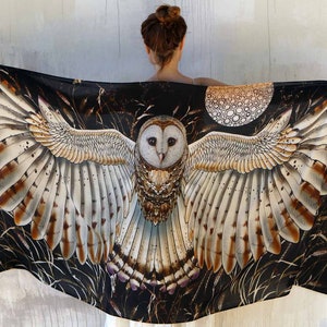 Owl Wings Shawl, Black Owl Scarf, Festival Clothing Women, Mothers Day Gift, Owl Feather Shawl, Bird Pashmina, Barn Owl Wrap Scarf Cape image 1