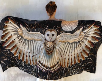 Owl Shawl, Black Silk Shawl, Wheat Barn, Bird Shawl, Women Sarong, Burning Man, Wings Wrap Shawl, Owl Scarf, Bird Pareo, Festival Clothing
