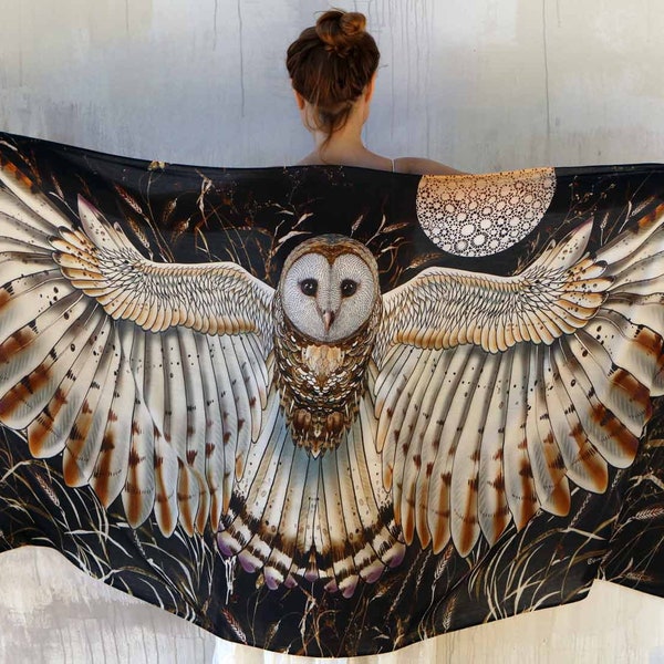 Owl Wings Shawl, Festival Clothing Women, Black Owl Scarf, Rave Pashmina, Owl Feather Shawl, Bird Pashmina, Barn Owl Wrap Scarf Cape