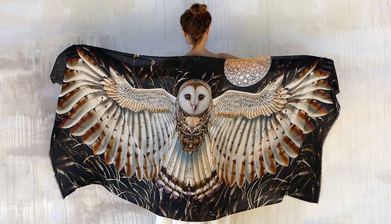 Owl Wings Shawl, Black Owl Scarf, Festival Clothing Women, Mothers Day Gift, Owl Feather Shawl, Bird Pashmina, Barn Owl Wrap Scarf Cape image 1