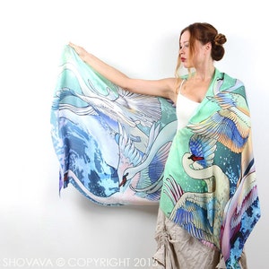 Swan Scarf, Mothers Day Gift, Psychedelic Shawl, Rave Pashmina, Festival Clothing, Accessories For Mom, Teacher Gift, Silk Sarong, Wrap image 6