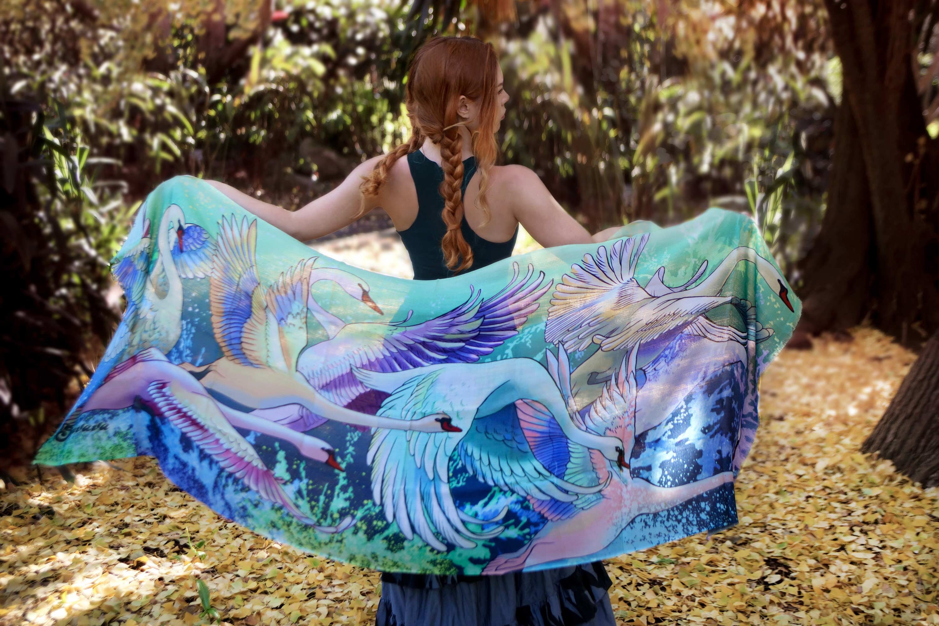 Swan Scarf, Fall Style, Festival Scarf, Halloween Costume Accessory, Rave Pashmina, Burning Man Clothing Women, Silk Sarong, Womens Clothing