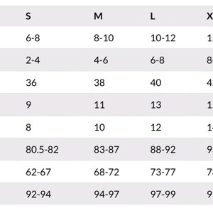 May include: Size chart for clothing with measurements in US, UK, French, Japanese, and Australian sizes. Bust, waist, and hip measurements are also included in centimeters.