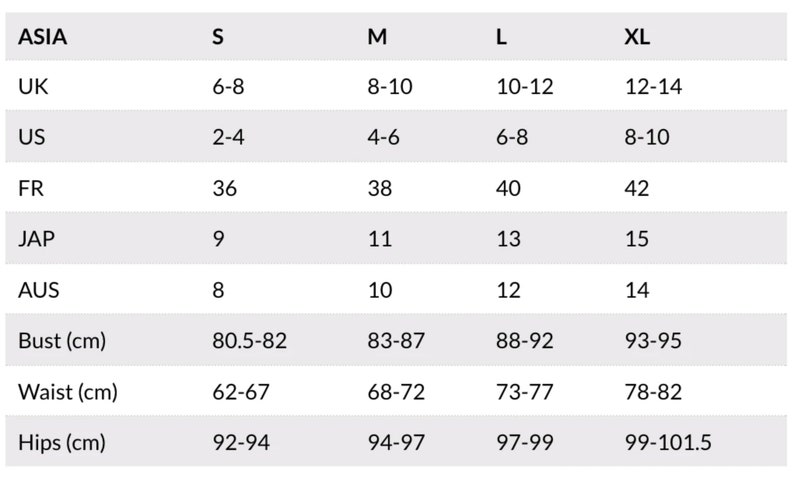 May include: Size chart for clothing with measurements in US, UK, French, Japanese, and Australian sizes. Bust, waist, and hip measurements are also included in centimeters.