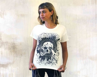 Earthborn ~ Skull Printed Womens Tshirt, Ethnic Shirt, Festival Clothing, Bloom Skull Shirt, Gifts For Her, Floral Skull Shirt, Boho Tee