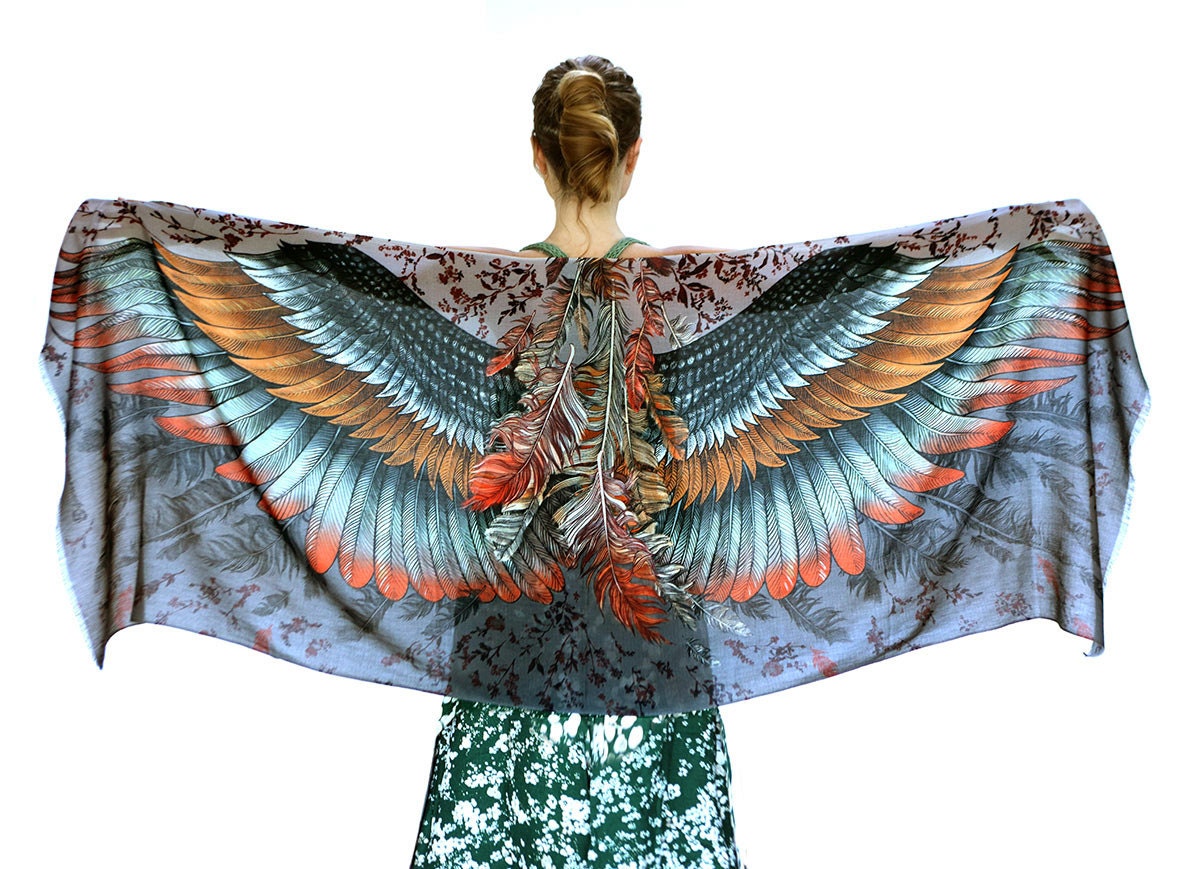 Wings Scarf, Printed Scarf, Women Shawl, Festival Kimono Scarf, Wings…