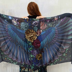 Onyx ~ Bird Wings Shawl, Grandma Gift, Peacock Shawl, Mothers Day Gift, Festival Clothing, Feather Wings Shawl, Raven Wing Cloak, Witch