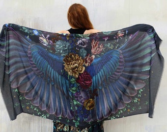 Onyx ~ Bird Wings Shawl, Grandma Gift, Peacock Shawl, Mothers Day Gift, Festival Clothing, Feather Wings Shawl, Raven Wing Cloak, Witch