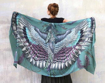 Mystic ~ Printed Shawl, Wings Shawl, Bird Wings Shawl, Silk Shawl, Shoulder Shawl, Feathers Shawl, Bridesmaid Shawl, Hippie Shawl, Shovava