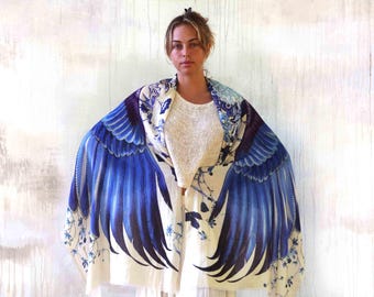Cornflower Blue ~ Bird Wings Scarf With Flowers Best Mothers Day Gift ~ Feather Pashmina For Burning Man Festival ~ Travel Wrap Scarf