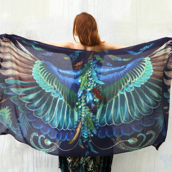 Nicola ~ Large Peacock Shawl, Bird Wings Scarf, Festival Clothing,  Beach Wrap, Rave Pashmina, Womens Clothing, Japanese Pashmina, Shovava