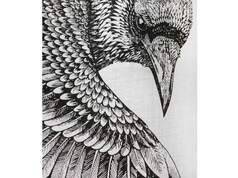 Puede incluir: Ilustraci&oacute;n en blanco y negro de un cuervo con las alas extendidas. La cabeza del cuervo est&aacute; girada hacia un lado y su ojo es visible.