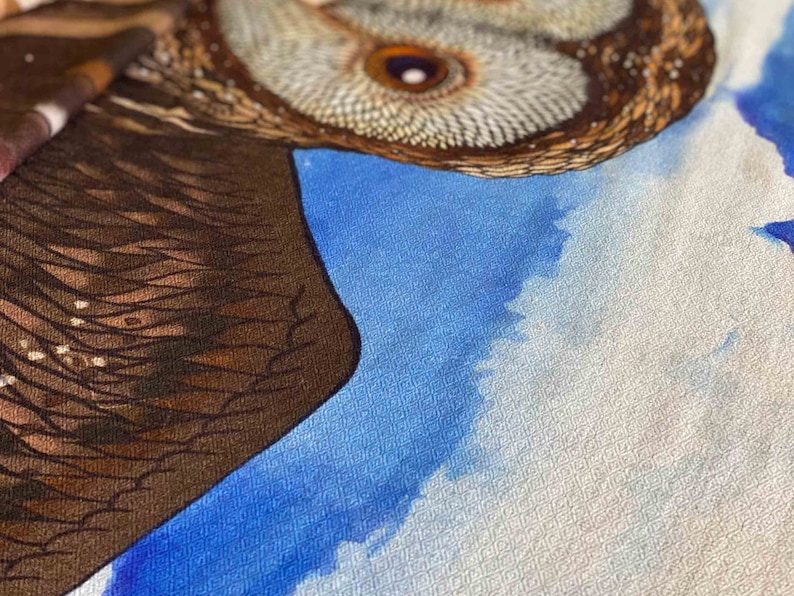 May include: A close-up of a brown and white owl with a blue and white background. The owl's feathers are detailed and the background is a watercolor wash.