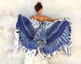 Blue Wings ~Angel Wings Shawl, Mothers Day Gift, Festival Clothing Women, Fairy Wings Shawl, Feather Scarf, Accessories For Mom, Shovava