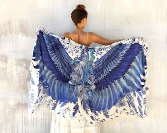 Blue Wings ~ Feather Wings Shawl, Burning Man Clothing Women, Phoenix Shawl, Festival Clothing, Fairy Wings Shawl, Spring Style, Angel Wings