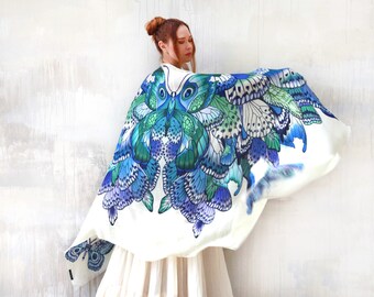 Blue Butterfly ~ Silk Wing Shawl, Butterfly Scarf Cape, Cover Up Shawl, Kimono Wrap, Moth Shawl, Oversized Shawl, Women Sarong,Fringe Shawl
