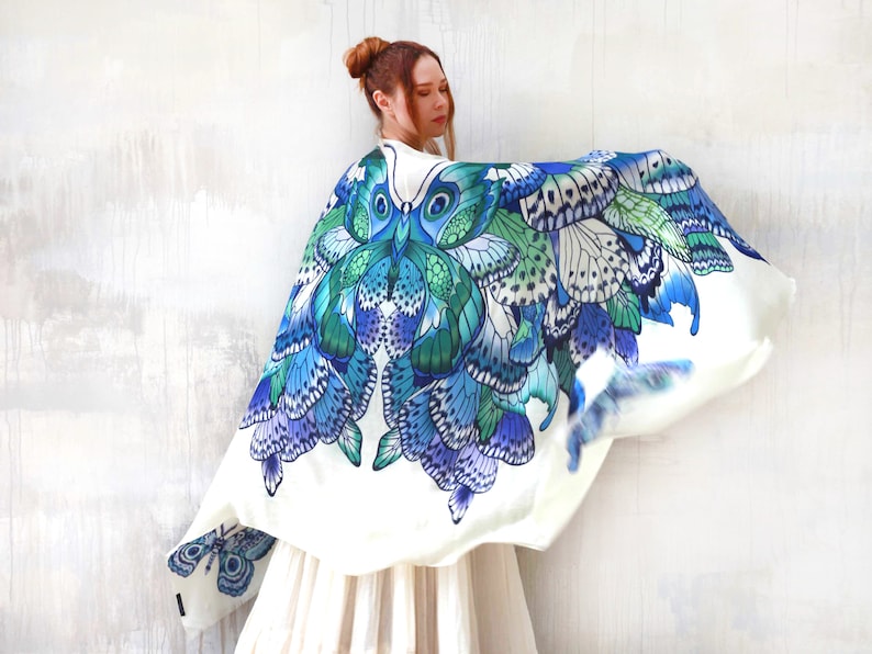 Blue Butterfly ~ Silk Wing Shawl, Butterfly Scarf Cape, Moth Shawl, Kimono Wrap, Thanksgiving Gift, Oversized Shawl, Women Sarong, Fringe 