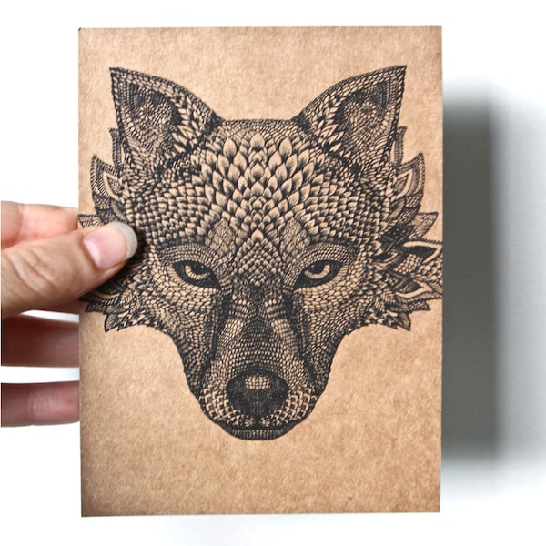 Original Art Postcard, detailed hand drawing of a Wolf head, black on recycled brown paper