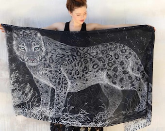 Leopard ~ Animal Print Shawl, Art Shawl, Leopard Shawl, Black White Shawl, Leopard Accessories, Beach Cover Up, Goth Clothing, Cotton