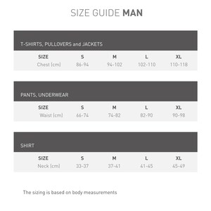 May include: Size guide for t-shirts, pullovers, jackets, trousers, underwear, and shirts. The chart shows sizes in S, M, L, and XL with corresponding chest, waist, and neck measurements in centimetres.