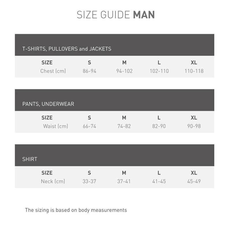 May include: Size guide for t-shirts, pullovers, jackets, trousers, underwear, and shirts. The chart shows sizes in S, M, L, and XL with corresponding chest, waist, and neck measurements in centimetres.