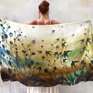 Swallows ~ Bird Scarf, Mothers Day Gifts, Oversized Silk Scarf, Festival Accessories, Large Wrap Shawl, Spring Clothing Women, Sarong