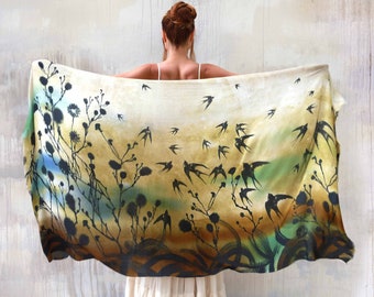 Swallows ~ Bird Scarf, Mothers Day Gifts, Oversized Silk Scarf, Festival Accessories, Large Wrap Shawl, Spring Clothing Women, Sarong