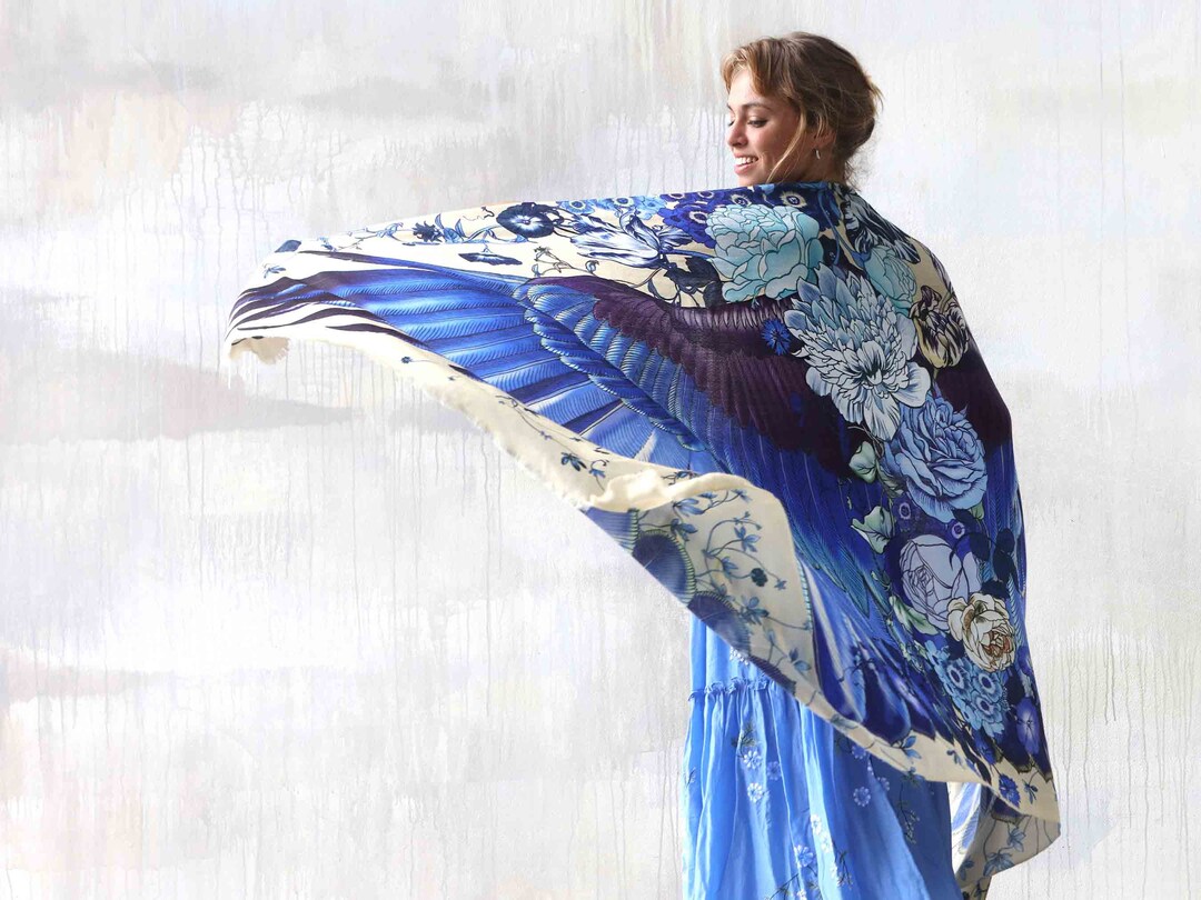 Cornflower Blue Peacock Shawl, Bird Wings Shawl, Chic Parisian Scarves