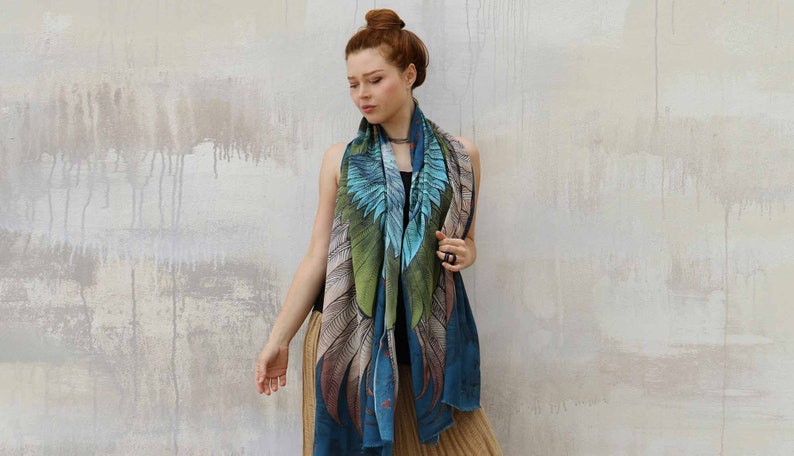 Jasper Bird Wings Scarf, Feather Scarf, Accessories For Mom, Oversized Shawl, Mothers Day Gift, Wings Wrap, Festival Pashmina, Silk Sarong image 10