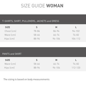 Puede incluir: Gu&iacute;a de tallas para ropa de mujer, que muestra las medidas en cent&iacute;metros para el pecho, la cintura y las caderas para las tallas S, M y L. La gu&iacute;a se divide en dos secciones: camisetas, camisas, jers&eacute;is, chaquetas y vestidos, y pantalones y faldas.